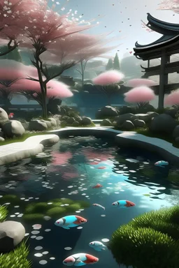 Generate an AI art piece that fuses the tranquility of a traditional Japanese garden with a sci-fi twist. Imagine a cybernetic koi pond surrounded by holographic cherry blossom trees, where ancient serenity harmonizes with futuristic technology.