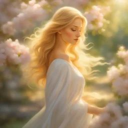 A breathtakingly beautiful young woman with flowing golden locks gracefully explores a serene garden filled with vibrant blossoms, dappled sunlight casting a romantic and ethereal glow over the scene. Her graceful movements convey an air of elegance, while her radiant smile captures the enchantment of the moment. A visual masterpiece capturing the beauty and serenity of nature intertwined with feminine grace and allure.