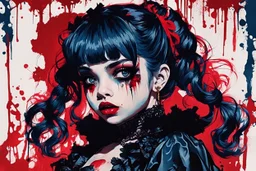 Poster in two gradually, a one side malevolent goth vampire girl face and other side the Singer Melanie Martinez face, full body, painting by Yoji Shinkawa, darkblue and red tones,