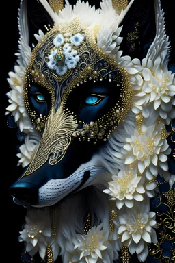 white and gold bioluminescence gradient Wolf portrait, textured detailed fur adorned with bioluminescence malachit colour rennaisance style black and white and Golden pearls, beads and black diamond headdress and masque, black lily florals, organic bio spinal ribbed detail of detailed creative rennaisance style ornate lwhite colour florwers background moonlight background extremely detailed hyperrealistic maximálist concept art