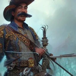 Insanely detailed photograph of an “ a mustachioed cowboy warrior ” with detailed Sombrero, intricate charo,cigar,crossbow in hand, hyperdetailed painting by Ismail Inceoglu Huang Guangjian and Dan Witz CGSociety ZBrush Central fantasy art album cover art,8K, hdr, mysterious, flickeringlights ,Stoic