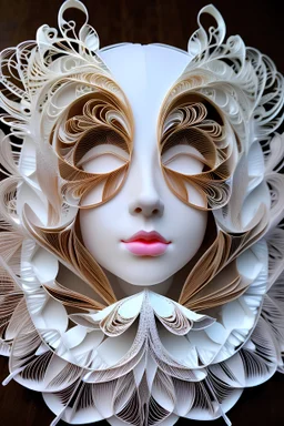 Superstring god, quantum deity, interdimensional beauty. human face looking down, eyes closed looking down, face only, frontal facing, profile, intricate origami flowers, detailed quilling paper, translucent plastic wrap. mixed media impressionism, fine arts and crafts, intricate embroidery, rococo spirtualism.