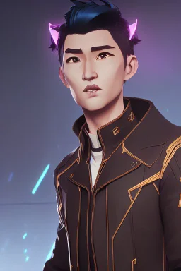 Make Asian Actor with cat ears in a leather jacket, on a spaceship deck