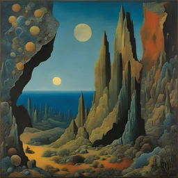 For The Eyes of Silence Max Ernst employed a technique called decalcomania to create arbitrary textures on the canvas, which he then reworked to resemble rock formations and forms of animals, plants. a primordial-like "part vegetation, part rock and part bejewelled