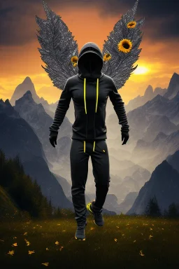 running alien portrait , black jogging suite , in the sunset Alps, golden light , holding leaves and flowers , angels background, volumetric light, high detail, dark leaf tree, dark mountains in background, perfect