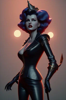 Rita Hayworth as evil queen in black leather, leather, busty, cleavage, angry, stern look. character design by cory loftis, fenghua zhong, ryohei hase, ismail inceoglu and ruan jia. unreal engine 5, artistic lighting, highly detailed, photorealistic, fantasy