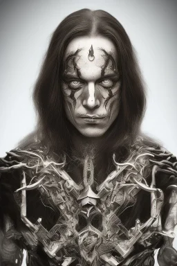 Symmetric portrait of a man with black metal facepaint, with long hair