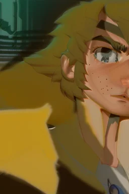 Redraw the cartoon character and fix the image resolution His hair is brown and long, but messy. His lips are closed, showing his bravery. His eyes are lined, showing his determination. He has shadows under his eyes, showing his stress and convert the drawing view 3D panel style digital Painting detailed with a panoramic scene Ultra-wide angle Highly realistic precise details Detailed