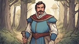 cartoon style, line art, color shaded, Tom Selleck in medieval clothing in the forest