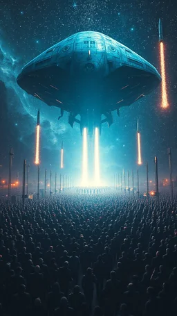 A field of random people at the end of the picture a huge complicated details texture of a blue dark aliens spaceship , lot of rockets and falling stars filling the picture