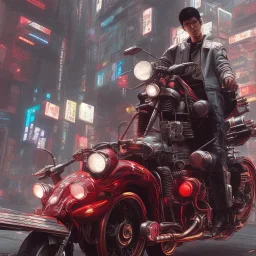 cyberpunk man in kaneda's bike from akira, highly detailed global illumination, detailed and intricate environment