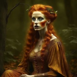 an attractive ginger faun woman in the forest, medieval clothing, deviantart, fantasy