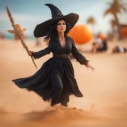 corey feldman as a flying bromstick female witch on a orange sand beach ,bokeh like f/0.8, tilt-shift lens 8k, high detail, smooth render, down-light, unreal engine