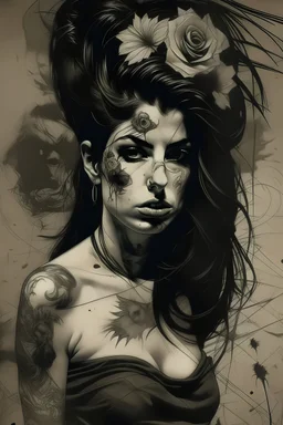 amy winehouse beautiful sugar skull, multi-layered background, fine charcoal texture, relief, oil painting, hips, sleeve covered with thin smooth lines, long strokes, light delicate shades, cinematic quality style of Jeremy mann, Peter Elson, Alex Maleev, Reheya hayes, Rafael Sanzio, Pino Daheni, Charlie Bowater, Albert Joseph Peno, Ray Caesar, H.G. Giger, J. J. Fu, Gustave Dore, Stephen Gammell