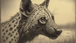 A detailed pencil sketch of a Hyena at Dusk, with intricate shading capturing the fading light and mysterious atmosphere