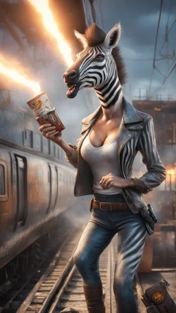 portrait of a zebra yoga instructor and flashy magazine cover illustration, fallout 4 docks setting, horror weird cowboy wizard cyberpunk weasel in female garments on top of train ,holding dynamite, getting hit by lightening electric arc, with big disturbed eyes,bokeh like f/0.8, tilt-shift lens 8k, high detail, smooth render, down-light, unreal engine, prize winning