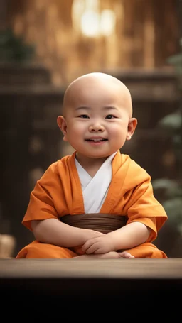 A 3-year-old monk boy with round cheeks, sitting, looking at the camera, light gray monk costume with white neckline, cute and cute, masterpiece, high quality, highly detailed.