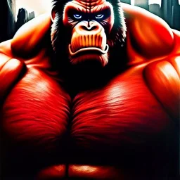 Ultra detailed fullbody Portrait in oil on canvas of King Kong merges with red Hulk ,intense stare,extremely detailed digital painting, extremely detailed face,crystal clear Big eyes, mystical colors ,perfectly centered image, perfect composition, rim light, beautiful lighting,masterpiece,8k, stunning scene, raytracing, anatomically correct, in the style of robert e howard and Ken Kelley and Ohrai Noriyoshi and Simon Bisley and tomzj1