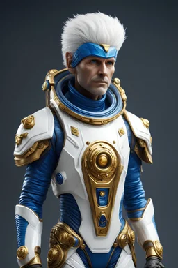 tabletop role-playing miniature of an extraterrestrial commander, beautiful humanlike male face, white hair, wearing blue spacesuit with golden parts. full body. concept art hyperrealism