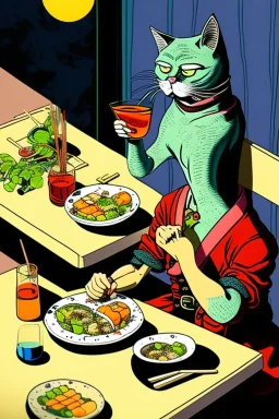 Cat, sitting at a table, eating sushi,perfect iris, ink and pencil, style Tintin