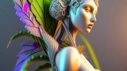 3D render ultra detailed of a beautiful angel, from knee to head, biomechanical cyborg, analog, 35 mm lens, beautiful natural soft rim light, big leaves and stems, roots, fine foliage lace, colorful details, samourai, pearl earring, heavely tattoed, intricate details, mesh wire, mandelbrot fractal, facial muscles, cable wires, microchip, badass, hyper realistic, ultra detailed, octane render, volumetric lighting, 8k post-production, red and white, detailled metalic bones, semi human, by Glenn Br