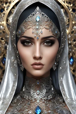 Length picture photography realistic full body of young iranian woman hijab, beautiful, shiny hard eyes, make up, Fantasy style, ornate, large gemstones, shiny molten metalics, shiny wire filigree, silver hair, high definition, high res, octane render