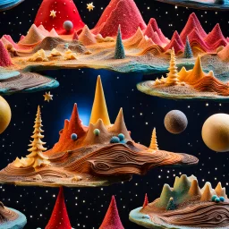 Detailed creepy landscape made of cake-frosting and modeling clay, stars and planets, Amano, Roger Dean l, strong texture, Ernst Haekel, extreme detail, intricate, colours, Max Ernst, decal, rich moody colors, sparkles, bokeh, odd