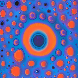 Hallucinatory, anthropomorphic, quariaring, slight texture, psychedelic, magenta and violet slight pastel colour:: an increasingly darker blue background from the outside to the centre, with an orange spot in between