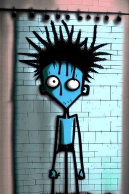 2d drawing of a stickman, cool with punk hair, x eyes like in hangman, no shirt and only dressed in a shower towel,leaning against a wall,3d realistic in colour