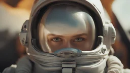 cinematic extreme close up female eye, astronaut helmet, bright day , movie still style raw