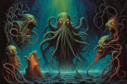 Eldritch horrors of the deep, by Michael Whelan, by John jude Palencar, surreal horror art, alcohol oil painting, reactive UV dark colors, vivid lovecraftian gods and their grotesque puppets pierce through an enveloping darkness brilliantly grounded against the backdrop of an elusive nightmare, expansive, maximalist, palpable textures, distressing hues, Palencar's distinctive visceral style, detailed line work, rich sharp colors.