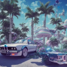 1980's aesthetic vaporwave palm trees and spheres and bmw