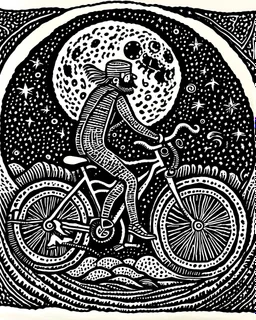 an award winning linocut of a biking viking in the moon