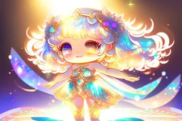 cute chibi goddess in holographic dress in sunshine