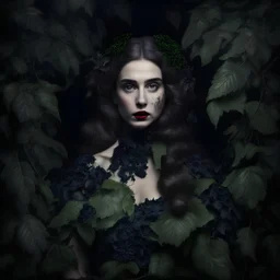 Gothic portrait baroque style of a 30yo duchess her body is covered in ivy, dark background, professional photo, professional_studio style