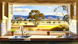 in a romantic artistic style, a view of an australian sunny peaceful landscape outside kitchen window