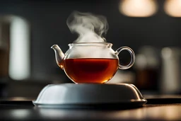 macrophoto taken FROM an inside perspective WITHIN a teapot, just above the surface of the steaming hot tea, volumetric light
