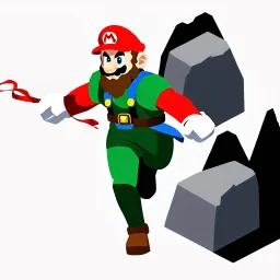 Male Fantasy RPG character, chaabi kawaii Mario proportions, lord of the rings inspiration, Vandyke beard, with a long ribbon held out in front as he runs from behind a large rock at an angle, isometric game