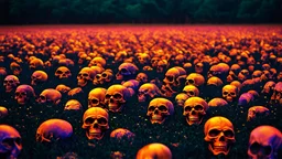 a field of 1000s of cartoonish, anatomically correct, skulls, vivid RANDOM BRIGHT neon colors, dark comedy, well lit, high detail, photorealistic, horrorcore, fun, scary, none featured, each a different color or hue,