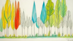 Colored pencil drawing made by Picasso of a minimalist garden. White background.