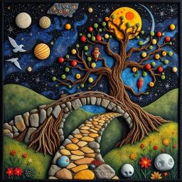 Photograph hasselblad h6d400c --ar 85:128 --v 6.0 of a fairy old bewitched bridge, tree, made of felt, art, 3d deep field, wide angle landscape scene, galaxies and planets, needlepoint, abstract silhoutte, expressionist style, colorful holiday, Gustav Klimt