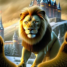 Chronicles of Narnia, Aslan the lion on a hill with castle in background, 8k resolution, high-quality, fine-detail, intricate, digital art, detailed matte, volumetric lighting, illustration, 3D octane render, brian froud, howard lyon, selina french, anna dittmann, annie stokes, lisa parker, greg rutowski,