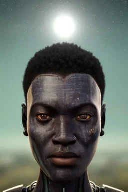 african head portrait, warrior costume, village, meditation, woods, galaxy sky, 8k quality , portrait,beautiful african robotic , post-apocalyptic in a cyberpunk city, realistic, intriacte detail, sci-fi fantasy style, volumetric lighting, particales,highly detailed,cinematic, deep purple haze .