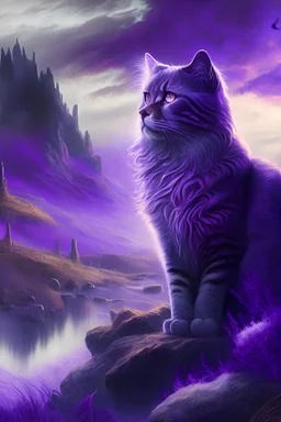 majestic cat, violet tones, fantasy landscape