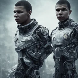 kylian mbappe and lionel messi perfect face and portrait post-apocalypse perfect cyborgs in a cyberpunk city, sci-fi fantasy style, 8k,dark