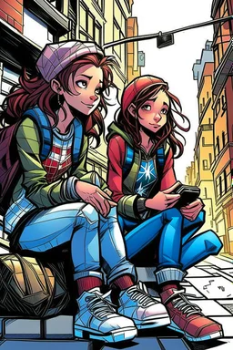 çizgi roman tarzıiki kız beraber sokakta oturuyorlar yaşları daha büyük liseliler daha renkli kızlardan birinin saçı kabarık diğerininki ise biraz uzun geniş açı ikisininde vücudu tam görünsün 2 boyutlu çizgi roman tarzı koyu gölgelendirme ayakları düzelt 3 boyutlu biraz daha üç boyutlu 3 boyutlu