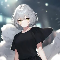 Clear focus, High resolution, light grey short hair, dark green eyes, wearing a black t-shirt and black skirt, fluffy hair, detailed outfit, really fluffy hair