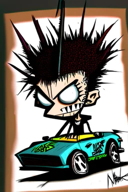 2d drawing of a stickman, cool with punk hair, x eyes like in hangman, driving a Lamborghini ,3d realistic in colour