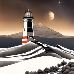 A lighthouse on a mountain top with Saturn and its rings in the background.