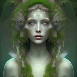 Portrait of beautiful girl, face dept of field,face shining, plant, metal, feathers,central weight average, CWA Dryad, fae, sidhe, ominous, nature, plants, wildflower sparkle,wildflower 3d view, facepaint, dnd character portrait, intricate, oil on canvas, masterpiece, expert, insanely detailed, 4k resolution, retroanime style, cute big circular reflective eyes, cinematic smooth, intricate detail , soft smooth lighting, soft pastel colors, painted Renaissance style,sharp fucus, bokeh,macro lens,